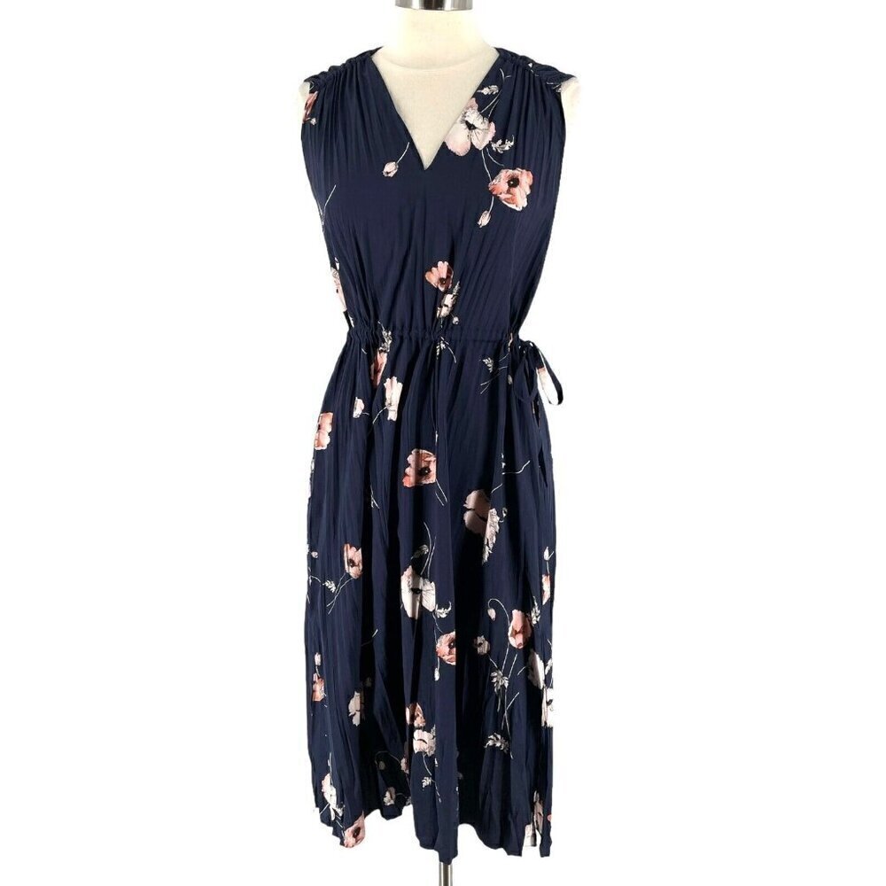 Vince Navy Tossed Poppy Printed Pleated Sleeveless V-Neck Crepe Midi Dress XS - Picture 2 of 10